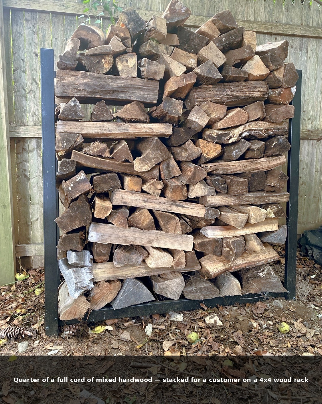 Quarter of full cord mixed hardwood — Customer stack on a wood rack